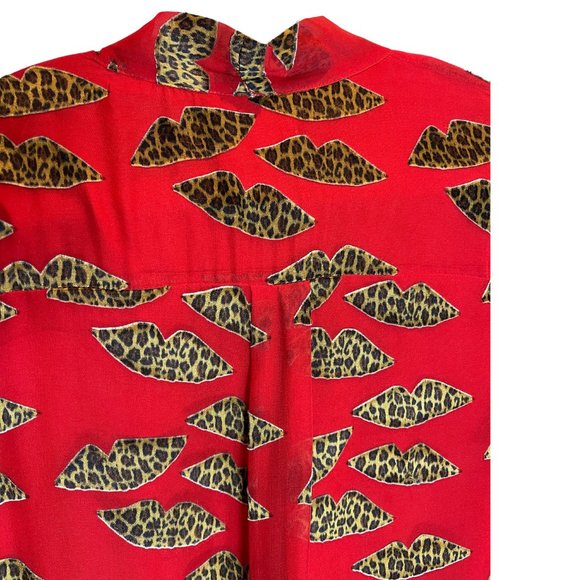ALICE + OLIVIA RED BLOUSE WITH CHEETAH BURNOUT LIPS 3/4 SLEEVE TOP WITH TIES, M - Picture 7 of 11